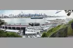 Foto zur News: Blick von den sogenannten Palisaden in Weehawken auf den Paddock, die Rennstrecke und die dahinter gelegene Skyline von Manhattan.