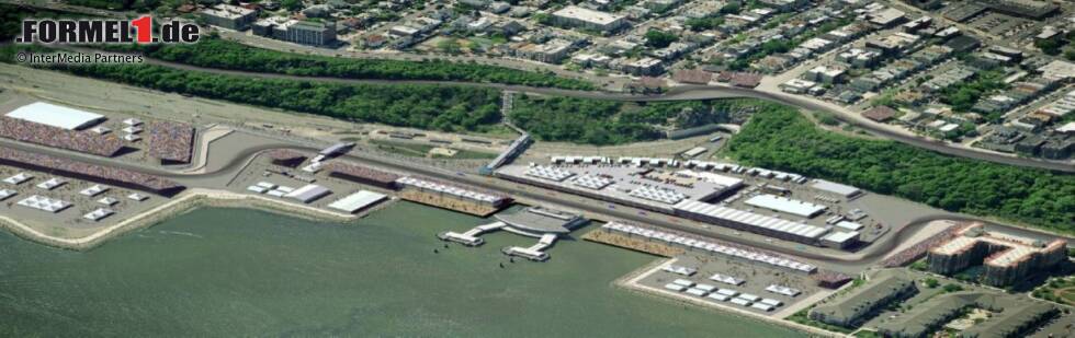 Foto zur News: So könnte das Gesicht des New-York-Grand Prix ab 2013 aussehen. Das Paddock-Gebäude in der Mitte wird für den Rest des Jahres als Pendler-Parkgarage für jene Bürger umfunktioniert, die jeden Tag mit der Fähre von New Jersey über den Hudson nach New York m