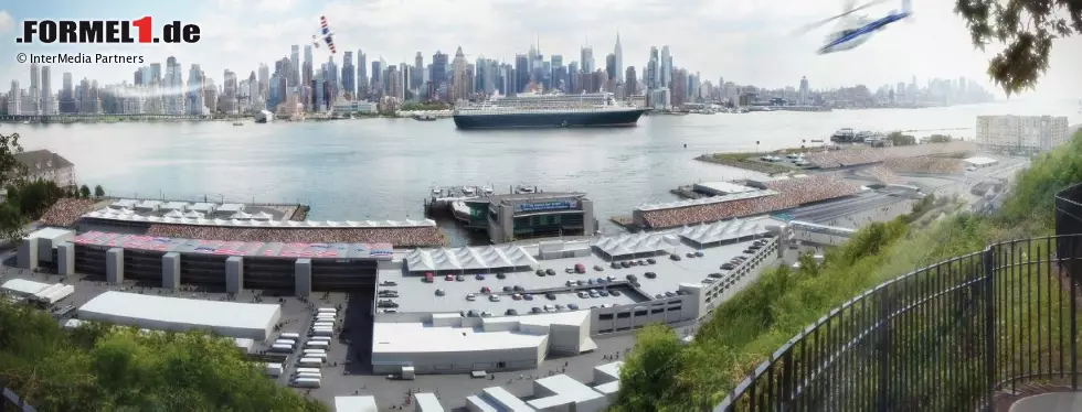 Foto zur News: Blick von den sogenannten Palisaden in Weehawken auf den Paddock, die Rennstrecke und die dahinter gelegene Skyline von Manhattan.