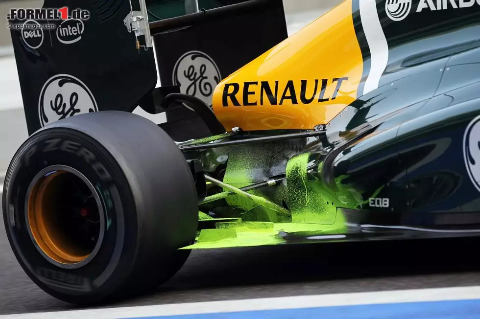 Der Caterham von Giedo van der Garde wurde mit der sogennanten FlowViz-Farbe angestrichen, die Luftströmungen sichtbar macht Foto zur News: Der Caterham von Giedo van der Garde wurde mit der sogennanten FlowViz-Farbe angestrichen, die Luftströmungen sichtbar macht