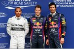 Foto zur News: Nach dem Qualifying am Sonntag: Lewis Hamilton (Mercedes), Sebastian Vettel (Red Bull) und Mark Webber (Red Bull)