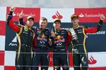 Gallerie: Sebastian Vettel (Red Bull) gewinnt in der Eifel vor  Kimi Räikkönen (Lotus) und Romain Grosjean (Lotus)