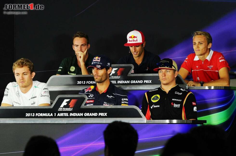 Foto zur News: Pressekonferenz mit Giedo van der Garde (Caterham), Daniel Ricciardo (Toro Rosso), Max Chilton (Marussia), Nico Rosberg (Mercedes), Mark Webber (Red Bull) und Kimi Räikkönen (Lotus)