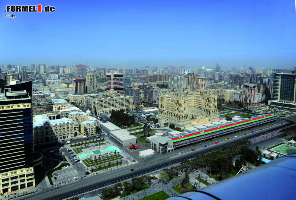 Foto zur News: Luftaufnahme der Start- und Zielgerade in Baku (Aserbaidschan)