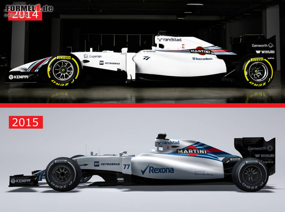 Foto zur News: Seitenansicht: das von Flügelchen befreite Heck kennen wir schon seit der Formel 1 2009, in Kombination mit der tiefen Nase erinnert der neue Williams FW37 in der Seitenansicht nun etwas an die Formel-1-Autos der frühen 1990er Jahre.