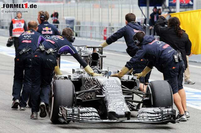 Foto zur News: Beim Zurückschieben des Autos haben die Red-Bull-Mechaniker mittlerweile Übung.