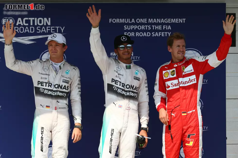 Foto zur News: Lewis Hamilton (Mercedes), Nico Rosberg (Mercedes) und Sebastian Vettel (Ferrari)