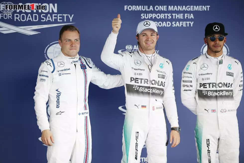 Foto zur News: Nico Rosberg (Mercedes), Valtteri Bottas (Williams) und Lewis Hamilton (Mercedes)