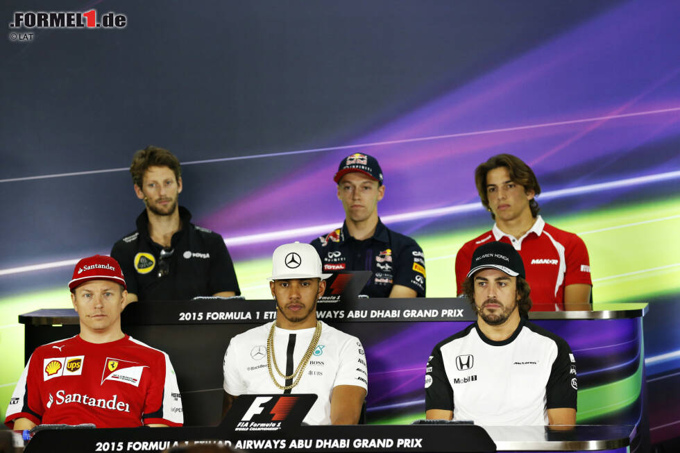 Foto zur News: FIA-Pressekonferenz mit Romain Grosjean (Lotus), Daniil Kwjat (Red Bull), Roberto Merhi (Manor-Marussia), Fernando Alonso (McLaren), Lewis Hamilton (Mercedes) und Kimi Räikkönen (Ferrari)