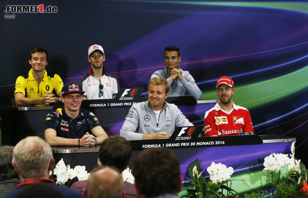 Foto zur News: Jolyon Palmer (Renault), Romain Grosjean (Haas), Pascal Wehrlein (Manor), Max Verstappen (Red Bull), Nico Rosberg (Mercedes) und Sebastian Vettel (Ferrari)
