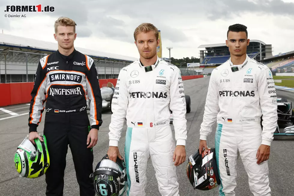 Foto zur News: Nico Hülkenberg (Force India), Nico Rosberg (Mercedes), Pascal Wehrlein (Manor)