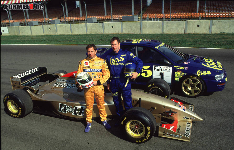 Foto zur News: Einen Fahrzeugtausch gab es 1996 in Silverstone: Während Martin Brundle im Rallye-Subaru Platz nehmen durfte, zwang sich Rallye-Superstar Colin McRae hinters Steuer des Jordan-Boliden. Beim Blick auf die Zeitenliste...