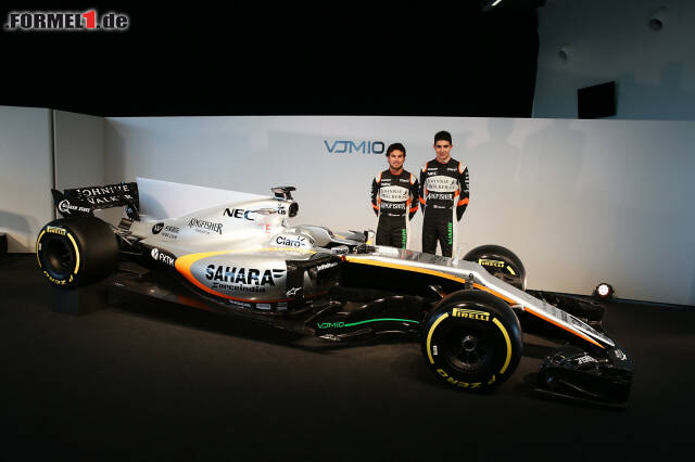 Foto zur News: Esteban Ocon und Sergio Perez gehen 2017 in Silber auf die Strecke. Mit dem VJM10 will ihr Arbeitgeber Force India in die Top 3 einbrechen.