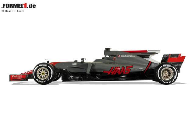 Foto zur News: Auch der Haas besitzt die typische Feckflosse der Saison 2017, die sich aber optisch deutlich vom Rest des Wagens abhebt.