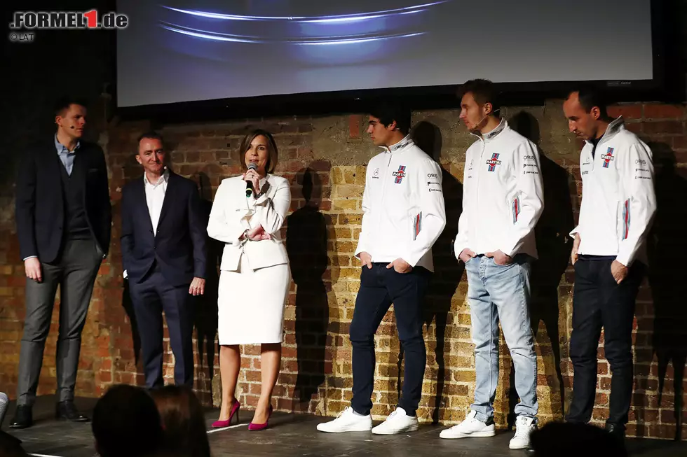 Foto zur News: Jake Humphrey (Moderator), Paddy Lowe, Claire Williams, Lance Stroll, Sergei Sirotkin und Robert Kubica (Williams)