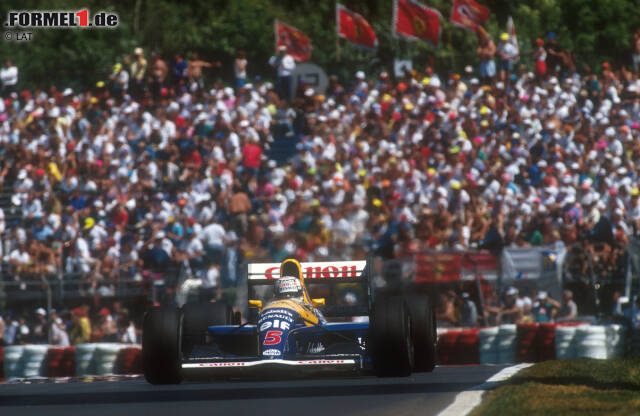 Foto zur News: Leader Mansell rollt 1991 nach seinem Jubel vor dem Ziel aus. Doch das ist nicht das einzige Drama in der Historie des Kanada-Grand-Prix. Jetzt durch die Triumphe und Tragödien klicken!