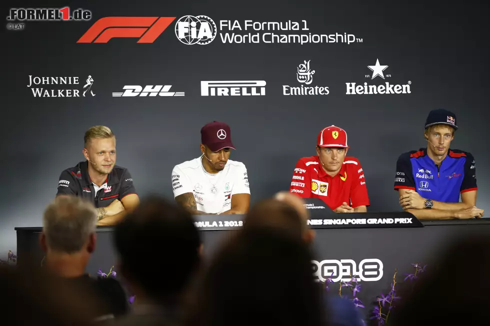 Foto zur News: Kevin Magnussen (Haas), Lewis Hamilton (Mercedes), Kimi Räikkönen (Ferrari) und Brendon Hartley (Toro Rosso)