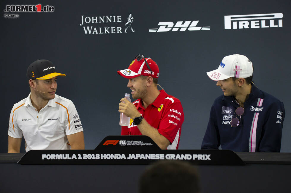 Foto zur News: Stoffel Vandoorne (McLaren), Sebastian Vettel (Ferrari) und Esteban Ocon (Racing Point)