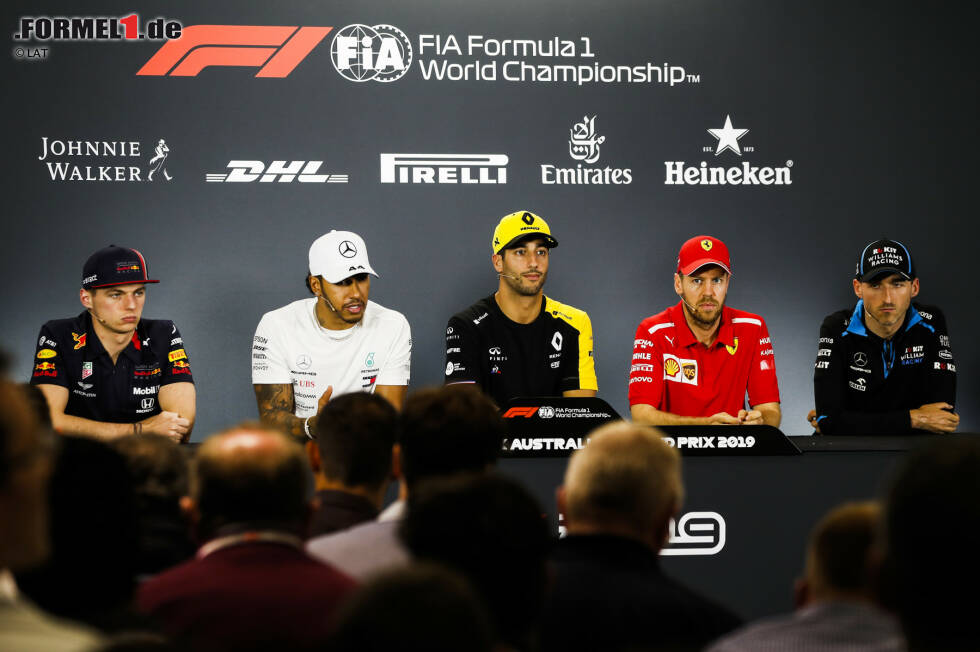 Foto zur News: Max Verstappen (Red Bull), Lewis Hamilton (Mercedes), Daniel Ricciardo (Renault), Sebastian Vettel (Ferrari) und Robert Kubica (Williams)