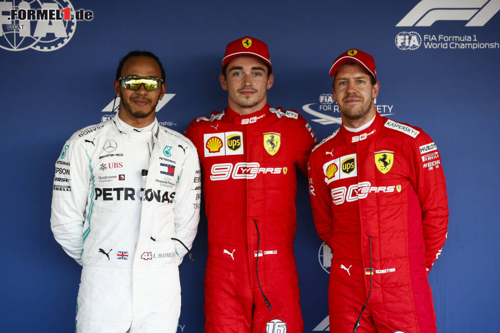 Foto zur News: Charles Leclerc (Ferrari), Lewis Hamilton (Mercedes) und Sebastian Vettel (Ferrari)