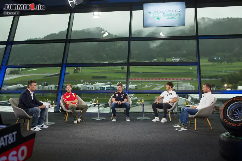 Foto zur News: Andreas Gröbl (ServusTV), Sebastian Vettel (Ferrari), Max Verstappen (Red Bull), Pierre Gasly (AlphaTauri), Christian Horner (Red Bull)