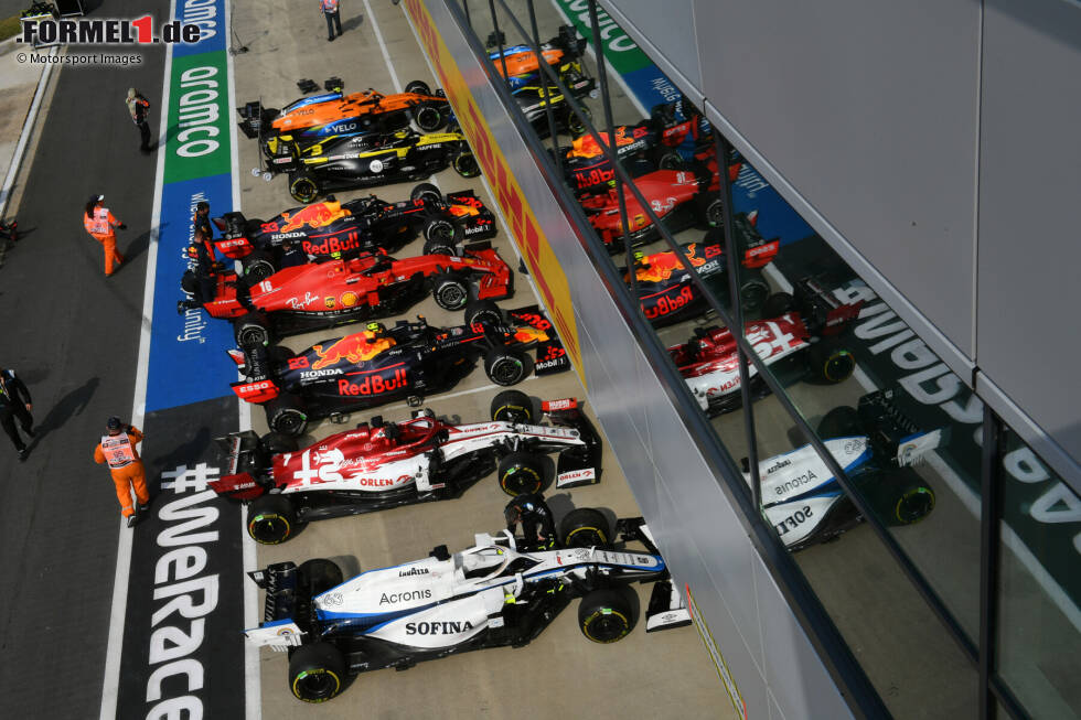 Foto zur News: George Russell (Williams), Kimi Räikkönen (Alfa Romeo), Alexander Albon (Red Bull), Charles Leclerc (Ferrari), Max Verstappen (Red Bull), Daniel Ricciardo (Renault) und Lando Norris (McLaren)