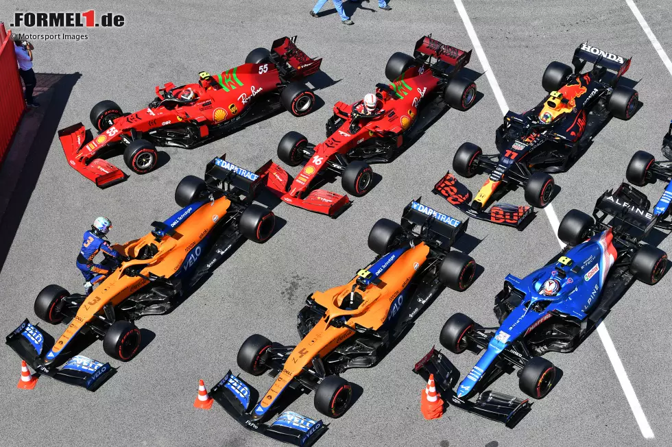 Foto zur News: Daniel Ricciardo (McLaren), Lando Norris (McLaren), Esteban Ocon (Alpine), Carlos Sainz (Ferrari), Charles Leclerc (Ferrari), Sergio Perez (Red Bull) und Fernando Alonso (Alpine)