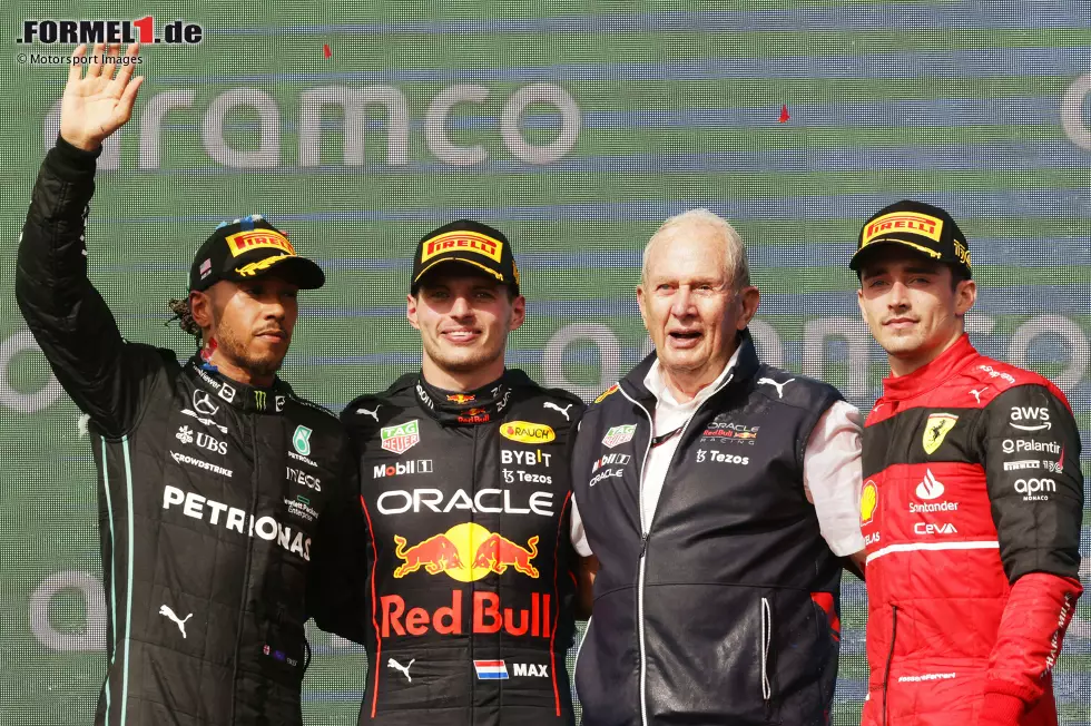 Foto zur News: Lewis Hamilton (Mercedes), Max Verstappen (Red Bull), Helmut Marko und Charles Leclerc (Ferrari)