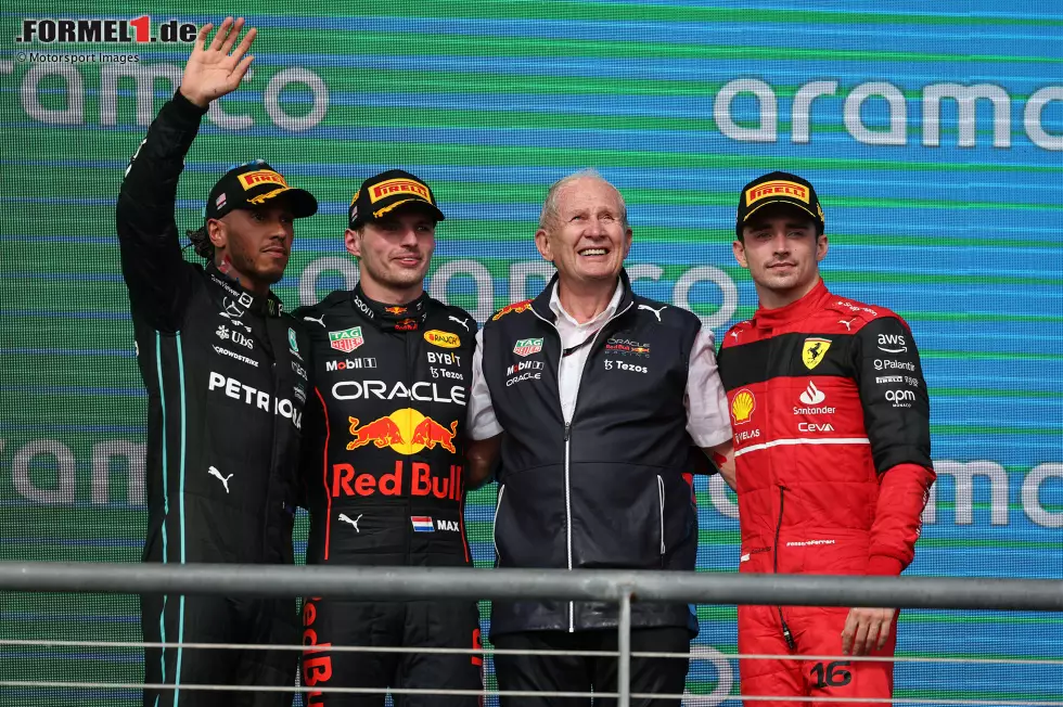 Foto zur News: Lewis Hamilton (Mercedes), Max Verstappen (Red Bull), Helmut Marko und Charles Leclerc (Ferrari)