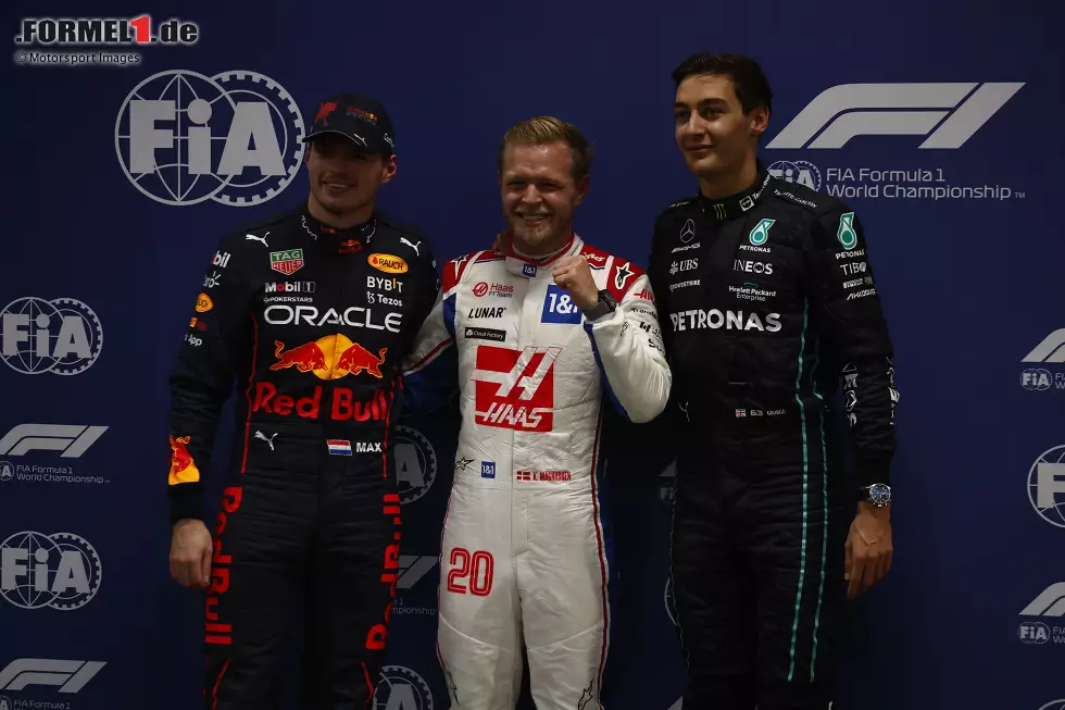 Foto zur News: Max Verstappen (Red Bull), Kevin Magnussen (Haas) und George Russell (Mercedes)