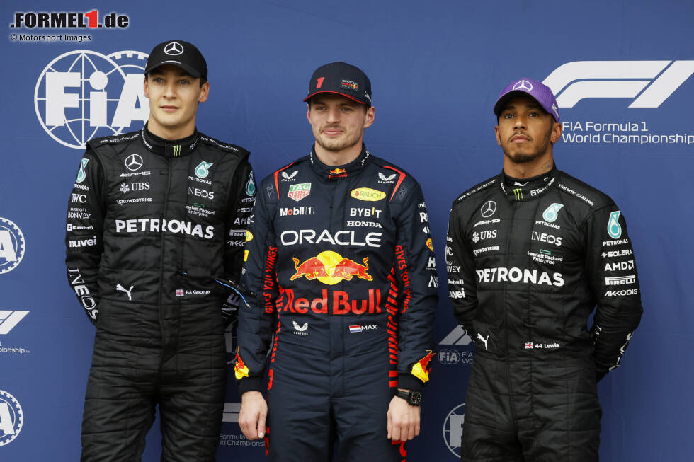 Foto zur News: George Russell (Mercedes), Max Verstappen (Red Bull) und Lewis Hamilton (Mercedes)