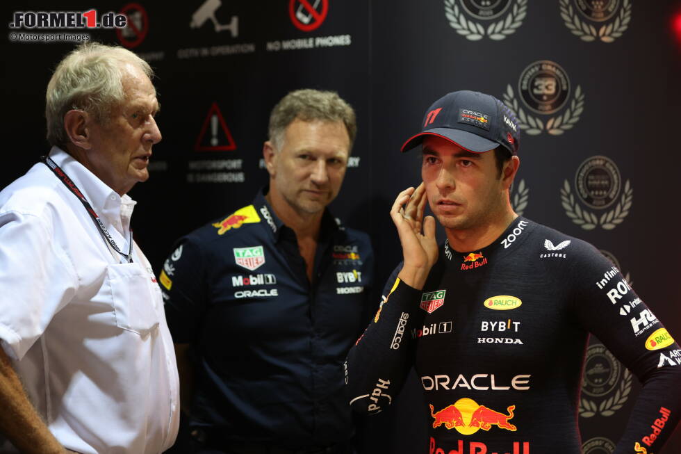 Foto zur News: Helmut Marko, Christian Horner und Sergio Perez (Red Bull)