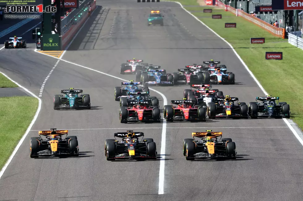 Foto zur News: Max Verstappen (Red Bull), Lando Norris (McLaren), Oscar Piastri (McLaren), Carlos Sainz (Ferrari), Charles Leclerc (Ferrari), Sergio Perez (Red Bull) und Lewis Hamilton (Mercedes)