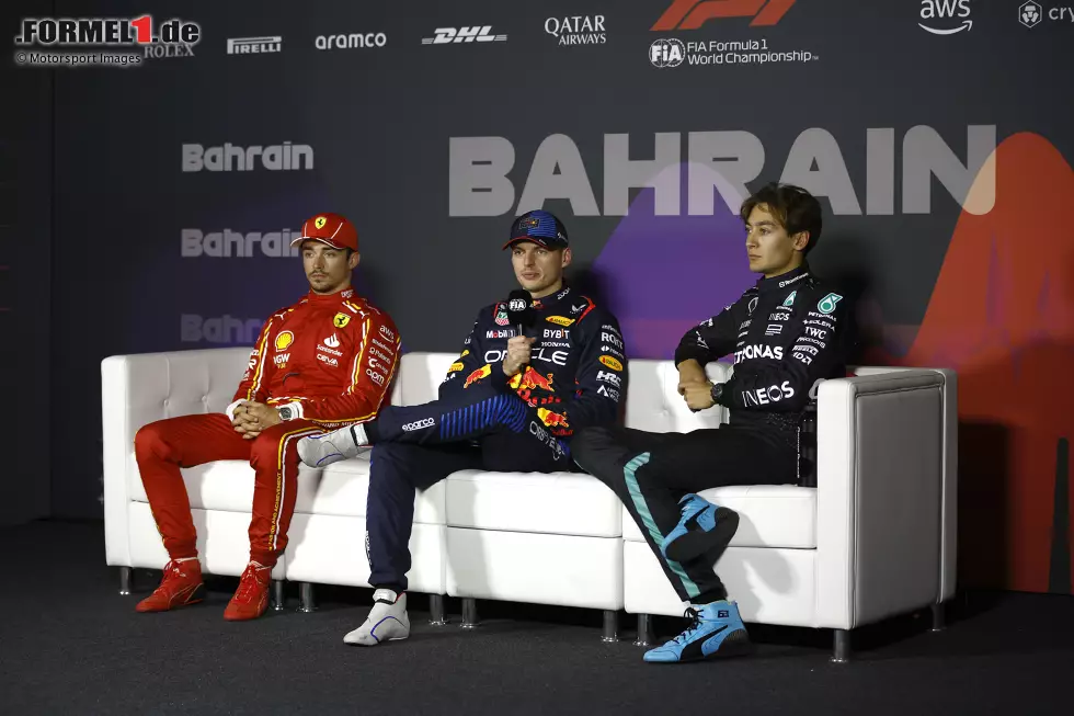 Foto zur News: Charles Leclerc (Ferrari), Max Verstappen (Red Bull) und George Russell (Mercedes)