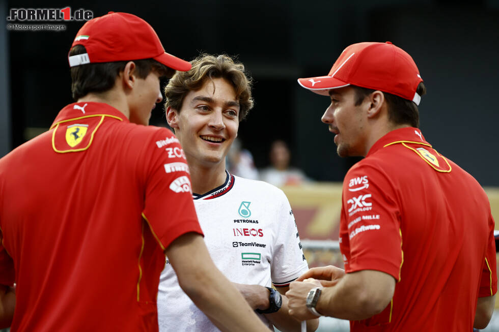 Foto zur News: Oliver Bearman (Ferrari), George Russell (Mercedes) und Charles Leclerc (Ferrari)