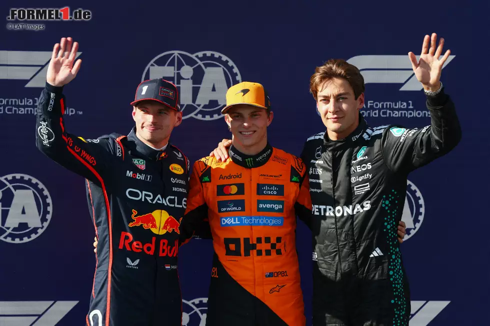 Foto zur News: Oscar Piastri (McLaren), Max Verstappen (Red Bull) und George Russell (Mercedes)