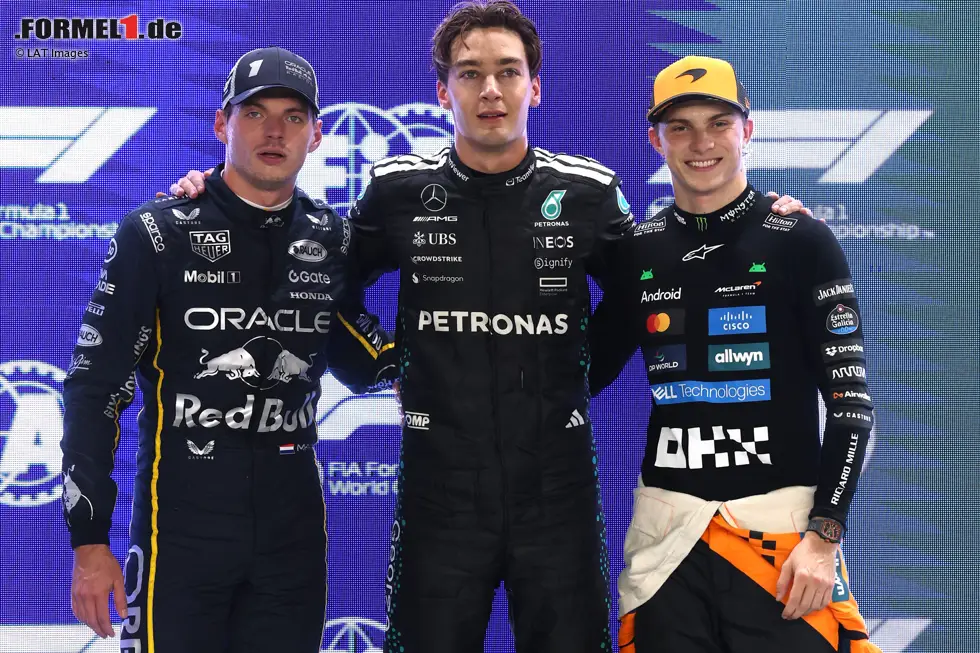 Foto zur News: George Russell (Mercedes), Max Verstappen (Red Bull) und Oscar Piastri (McLaren)