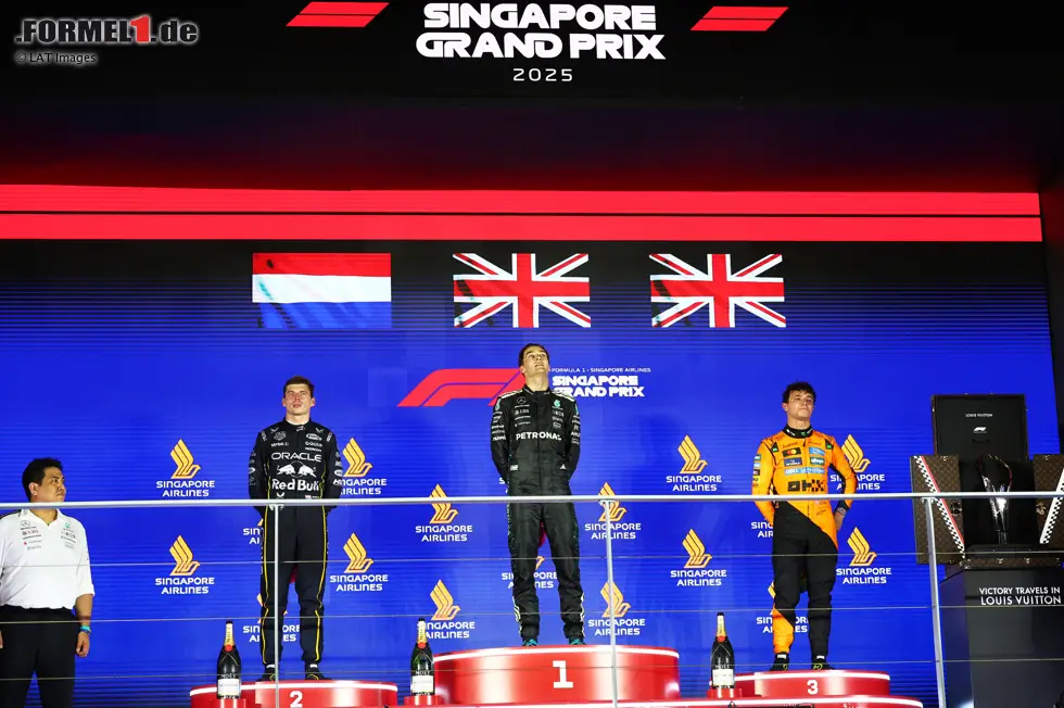 Foto zur News: George Russell (Mercedes), Max Verstappen (Red Bull) und Lando Norris (McLaren)
