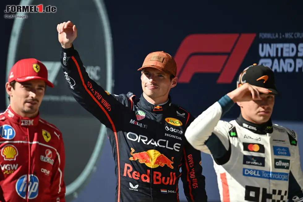 Foto zur News: Max Verstappen (Red Bull), Lando Norris (McLaren) und Charles Leclerc (Ferrari)