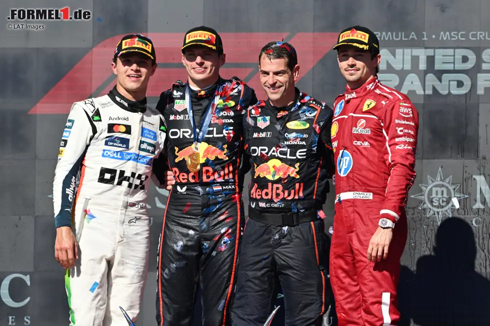 Foto zur News: Max Verstappen (Red Bull), Lando Norris (McLaren) und Charles Leclerc (Ferrari)