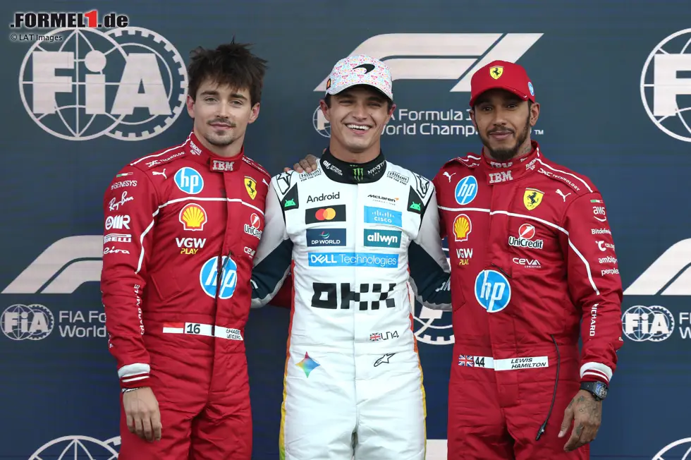 Foto zur News: Lando Norris (McLaren), Charles Leclerc (Ferrari) und Lewis Hamilton (Ferrari)