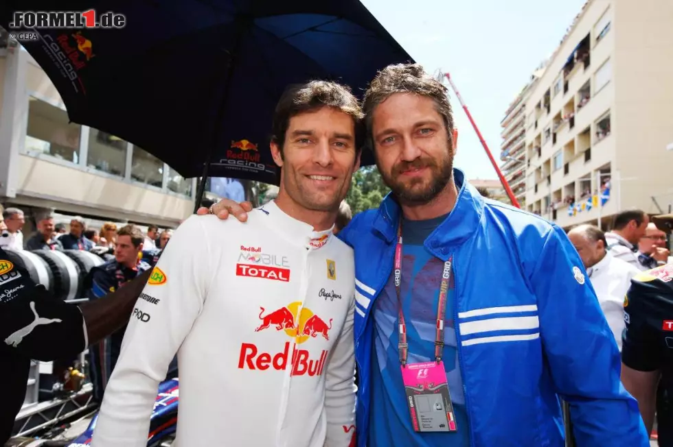 Foto zur News: Mark Webber mit dem Schauspieler Gerard Butler, bekannt aus Filmen wie "P.S. Ich liebe dich" oder "Die nackte Wahrheit". Butler kam wie viele seiner Kollegen von den Filmfestspielen im benachbarten Cannes nach Monte Carlo. Übrigens soll auch Jennifer Aniston in der Stadt gewesen sein, der "Friends"-Star verkroch sich aber lieber auf einer Jacht. Auch Liz Hurley wurde angeblich gesehen.
