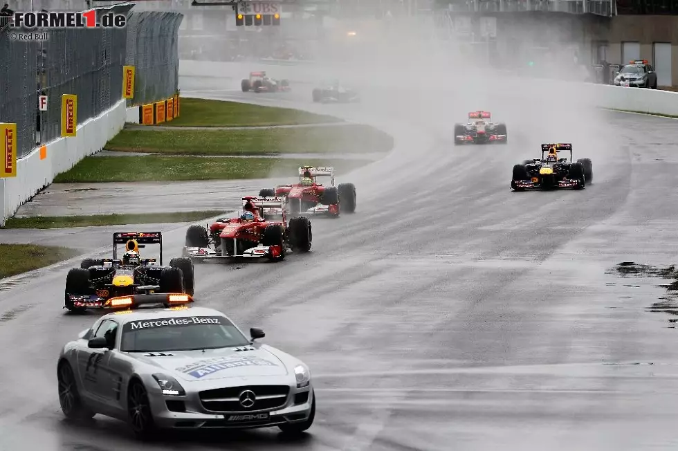 Foto zur News: 12. Juni, Großer Preis von Kanada:

Im Regenchaos von Montreal, wo das Rennen zwischenzeitlich zwei Stunden unterbrochen werden muss, scheint Vettel den Durchblick zu behalten, bis ihm in der letzten Runde ein kleiner Fehler unterläuft, den Button nach einer grandiosen Aufholjagd vom Ende des Feldes zum Sieg nutzt. Webber wird Dritter. Hamilton scheidet nach einer Kollision mit Button aus, Alonso rutscht gegen eine Mauer.

WM-Stand: Vettel 161 - Button 101 - Webber 94 - Hamilton 85 - Alonso 69