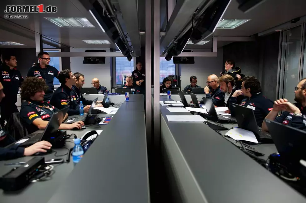 Anderswo wurde gearbeitet: Blick hinter die Kulissen eines technischen Briefings des Toro-Rosso-Teams. Links die Ingenieure von Daniel Ricciardo, rechts die von Jean-Eric Vergne. In der Mitte sitzen die "neutralen" Mitarbeiter rund um Technikchef Giorgio Ascanelli. Foto zur News: Anderswo wurde gearbeitet: Blick hinter die Kulissen eines technischen Briefings des Toro-Rosso-Teams. Links die Ingenieure von Daniel Ricciardo, rechts die von Jean-Eric Vergne. In der Mitte sitzen die "neutralen" Mitarbeiter rund um Technikchef Giorgio Ascanelli.