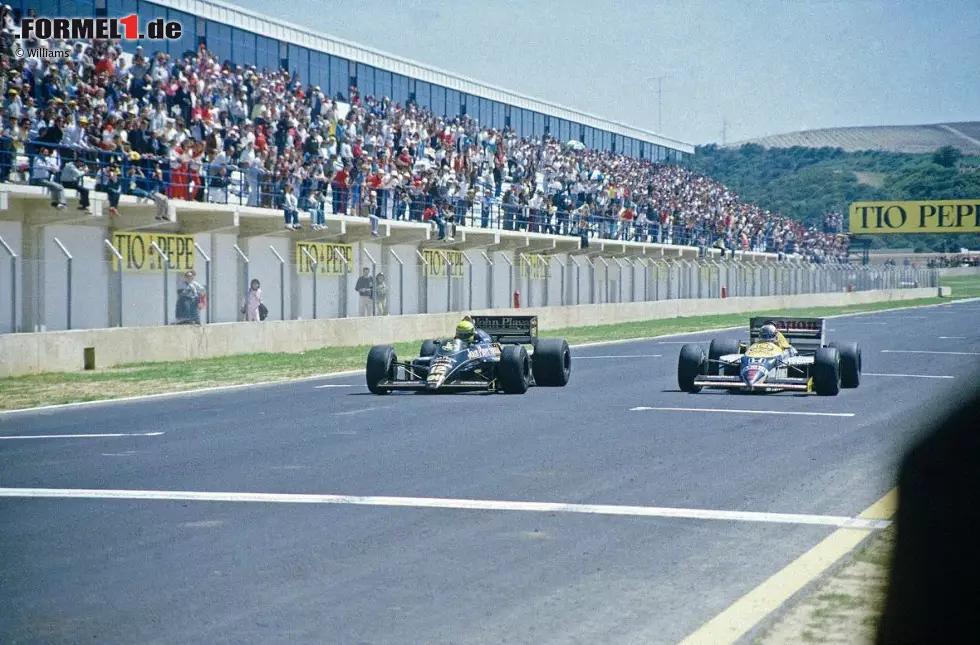Jerez de la Frontera 1986: In einer der knappsten Entscheidungen der Grand-Prix-Geschichte gewinnt Senna auf Lotus 14 Tausendstelsekunden vor Nigel Mansell auf Williams. Foto zur News: Jerez de la Frontera 1986: In einer der knappsten Entscheidungen der Grand-Prix-Geschichte gewinnt Senna auf Lotus 14 Tausendstelsekunden vor Nigel Mansell auf Williams.
