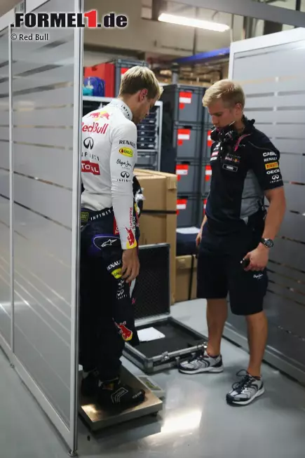 Gewogen werden auch die Fahrer. Übrigens: Weil das Gewicht 2014 eine noch größere Rolle spielen wird, hat Adrian Newey seinen beiden Jungs aufgetragen, so viel abzuspecken wie möglich. Vettels Physio Heikki Huovinen soll's richten. Foto zur News: Gewogen werden auch die Fahrer. Übrigens: Weil das Gewicht 2014 eine noch größere Rolle spielen wird, hat Adrian Newey seinen beiden Jungs aufgetragen, so viel abzuspecken wie möglich. Vettels Physio Heikki Huovinen soll's richten.