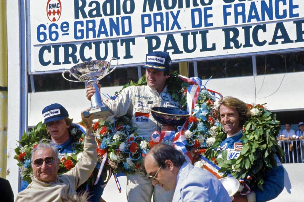 Foto zur News: Der Australier Alan Jones ließ elf weitere Siege folgen (hier beim Grand Prix von Frankreich 1980): vier 1979, fünf 1980 und zwei 1981. 1980 wurde er außerdem erster Williams-Weltmeister der Formel-1-Geschichte. Brawn war damals noch ein verhältnismäßig kleines Rad am großen Williams-Wagen.