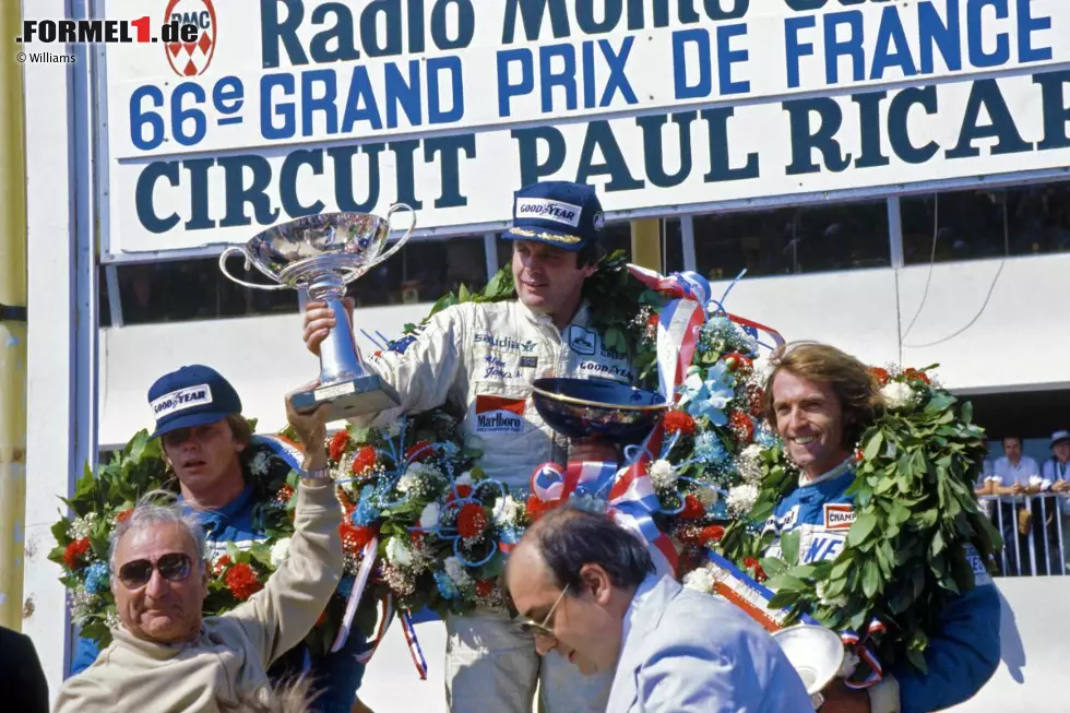 Der Australier Alan Jones ließ elf weitere Siege folgen (hier beim Grand Prix von Frankreich 1980): vier 1979, fünf 1980 und zwei 1981. 1980 wurde er außerdem erster Williams-Weltmeister der Formel-1-Geschichte. Brawn war damals noch ein verhältnismäßig kleines Rad am großen Williams-Wagen. Foto zur News: Der Australier Alan Jones ließ elf weitere Siege folgen (hier beim Grand Prix von Frankreich 1980): vier 1979, fünf 1980 und zwei 1981. 1980 wurde er außerdem erster Williams-Weltmeister der Formel-1-Geschichte. Brawn war damals noch ein verhältnismäßig kleines Rad am großen Williams-Wagen.