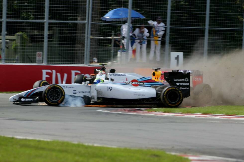 Foto zur News: Als Geheimfavorit war Williams mit neuer Lackierung in die Saison gestartet, doch in den ersten Rennen konnte Massa nicht die erhofften Ergebnisse einfahren. Tiefpunkt war der Crash mit Sergio Perez in der letzten Runde des Kanada-Grand-Prix, der eine wahre Schlammschlacht zur Folge hatte.