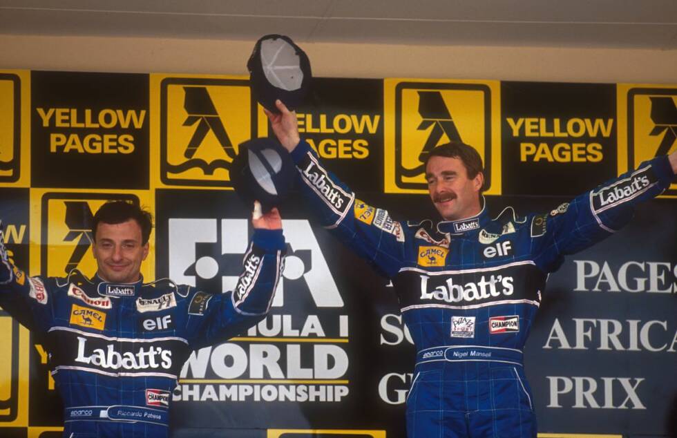 Foto zur News: Fast drei Jahrzehnte später startet Nigel Mansell mit fünf Siegen hintereinander in die Saison und läutet damit die Epoche der Williams-Renault-Dominanz in den 1990er-Jahren ein. Der erste Sieg gelingt ihm vor Teamkollege Riccardo Patrese beim Saisonauftakt in Kyalami.